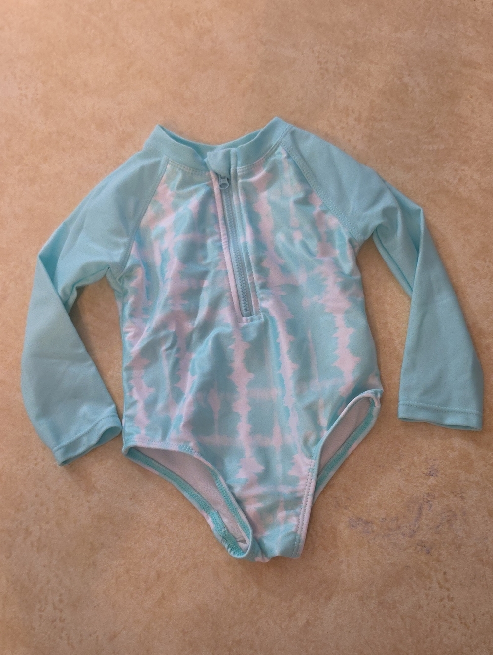 Long-Sleeve Girls' Tie-Dye One-Piece Rash Guard Swimsuit - Light Aqua
